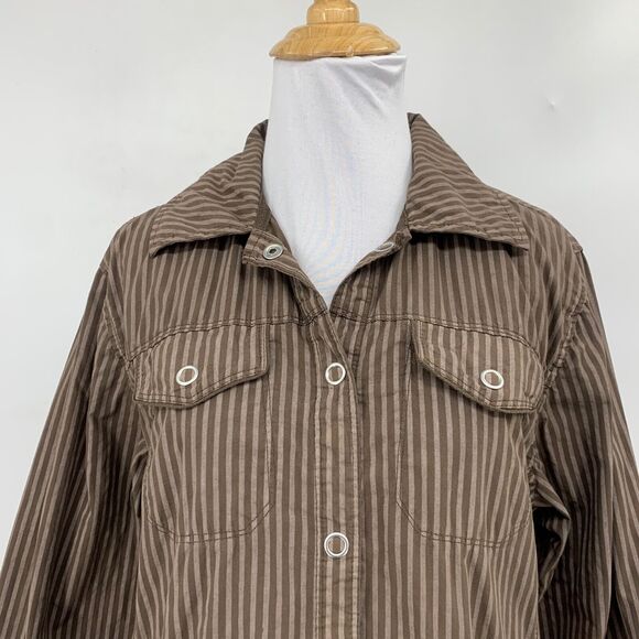 Fresh Produce Shirt Women Medium Chocolate Pinstriped Snap Buttons Gathered Back - Picture 3 of 10